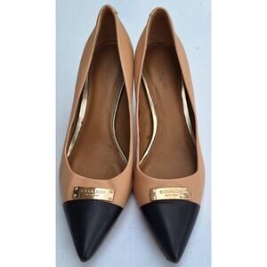 Coach Pointed Toe Cap Mid Heel Tan Black Pump Dressy Shoes Classic Size 7
